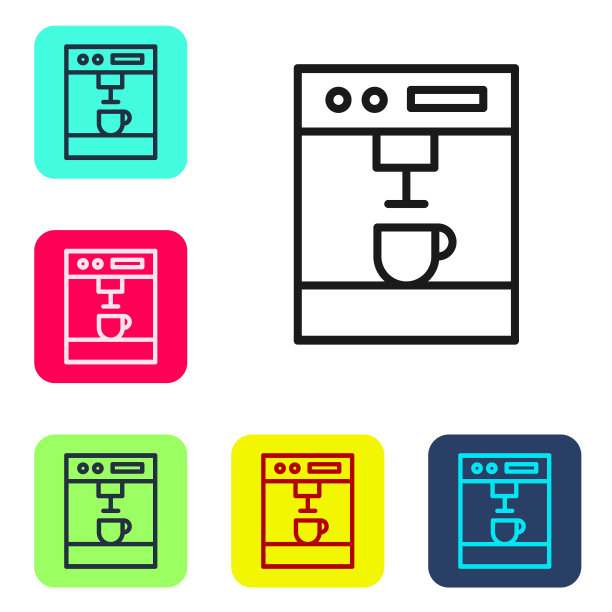 黑线咖啡机图标孤立在白色背景。设置图标的颜色方形按钮。矢量图图片下载