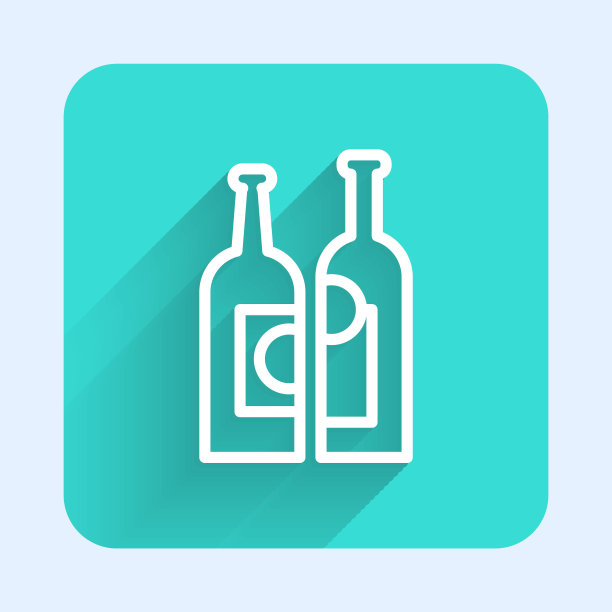 白线瓶酒图标孤立与长影子。绿色广场按钮。矢量图图片下载