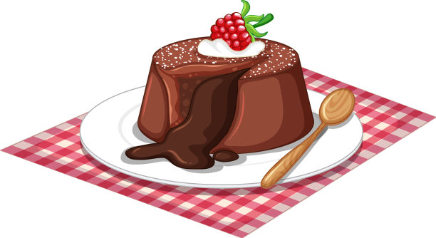 巧克力熔岩蛋糕和木勺放在盘子里图片下载