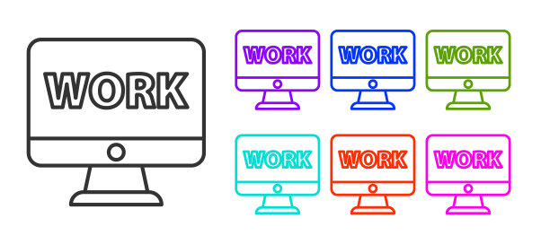 黑线电脑显示器，白色背景上有独立的文字工作图标。设置图标丰富多彩。矢量图图片下载