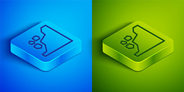 等距线滑坡图标孤立在蓝色和绿色的背景。石头从岩石上掉下来。巨石从山上滚下来。落石。方形按钮。矢量图图片下载