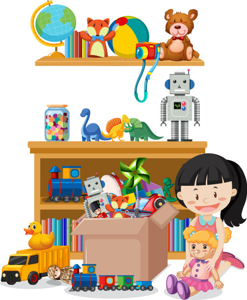 架子上有许多玩具和女孩的场景图片下载