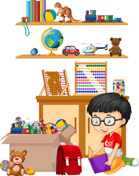 架子和箱子上的玩具在白色的背景图片下载