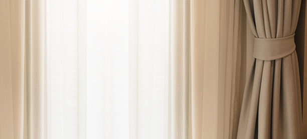 柔软的棕色窗帘与晨光从窗户卧室背景横幅标题大小的图像图片下载