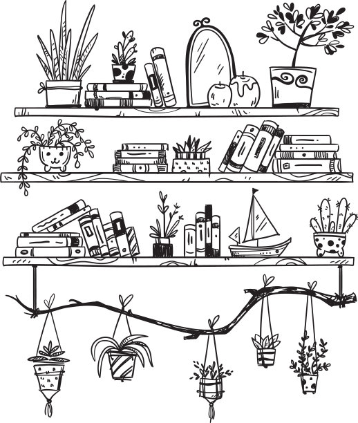 手绘书架上有书，室内植物和图片下载