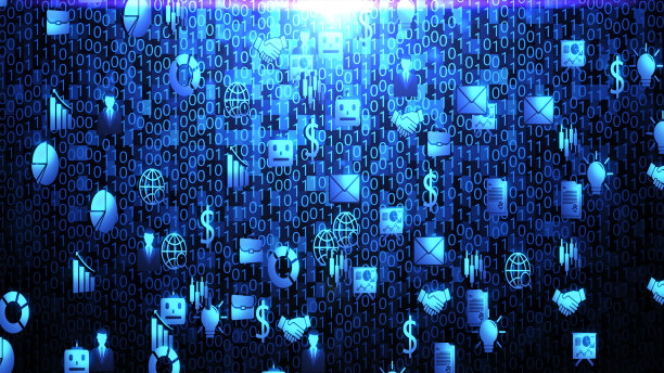 8K 3D商业和技术图标旋转和悬停在随机二进制代码背景与蓝色照明ver1(全视图)图片下载