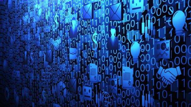 8K 3D商业和技术图标旋转和悬停在随机二进制代码背景与蓝色照明版本2图片下载