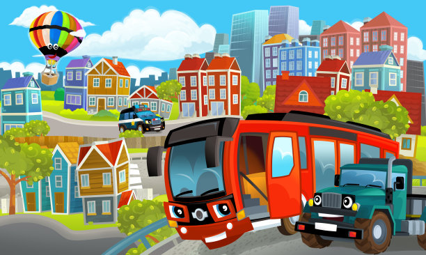 卡通的快乐和有趣的场景与汽车驾驶的城市中心-插图图片下载