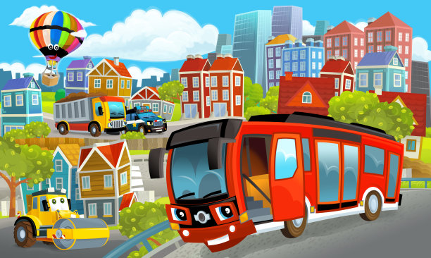 卡通的快乐和有趣的场景与汽车驾驶的城市中心-插图图片下载
