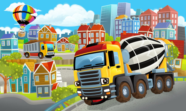 卡通的快乐和有趣的场景与混凝土搅拌机和汽车驾驶的城市-插图图片下载