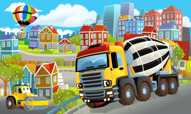卡通的快乐和有趣的场景与混凝土搅拌机和汽车驾驶的城市-插图图片下载