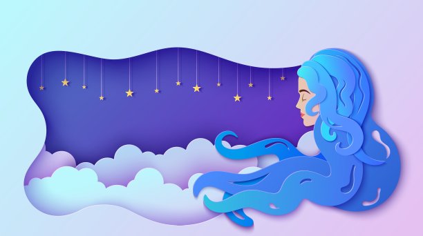 剪纸风格的睡着的女孩。年轻的女人睡觉和做梦。波纹剪纸框架与金色的星星在绳子和夜晚多云的天空。仙女晚安和甜蜜的梦向量卡插图。图片下载