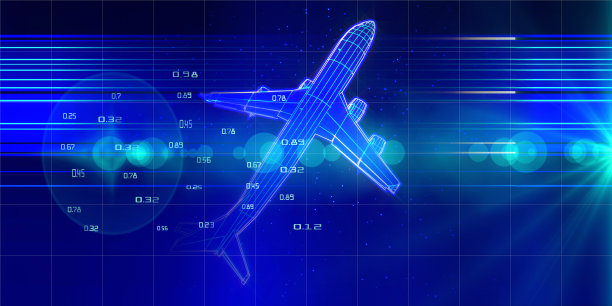 大数据。抽象背景与数字网格飞机网格和模糊线在深蓝色。3d线框平面工程概念与镜头效果。旅游、旅游、交通横幅。图片下载