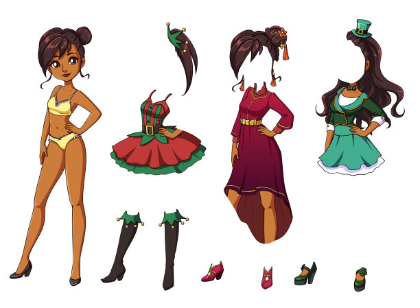 可爱的纸娃娃用黑色的头发打扮。圣诞节，农历新年，圣帕特里克节。身体模板，发型，内衣，衣服和配件。儿童书籍，游戏，t恤。图片下载