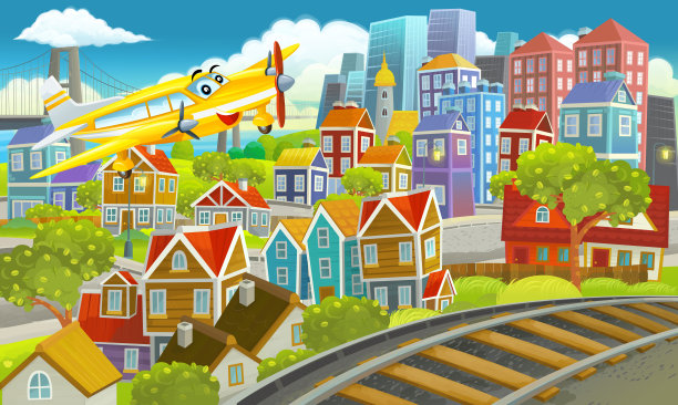 卡通的快乐和有趣的场景，一个城市的中心与飞行飞机插图图片下载