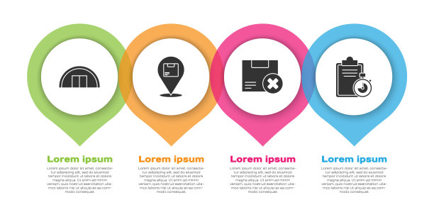 设置“仓库”、“位置”与“纸箱”、“纸箱”、“删除纸箱”和“确认发货清单”的剪贴板。业务信息模板。向量图片下载