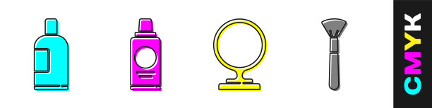设置瓶子的洗发水，瓶子的洗发水，圆化妆镜和化妆刷图标。向量图片下载