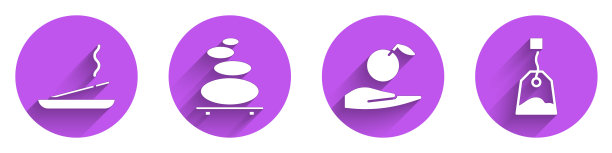 集有香味的spa棒，堆热石头，手持苹果和带有长阴影的茶包图标。向量图片下载