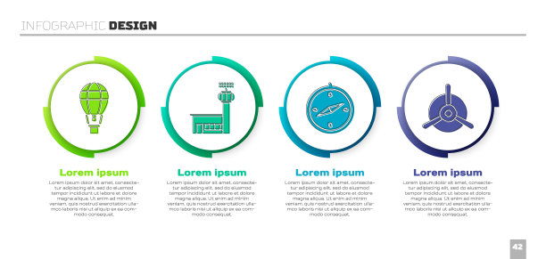 设置热气球，机场控制塔，指南针和飞机螺旋桨。业务信息模板。向量图片下载
