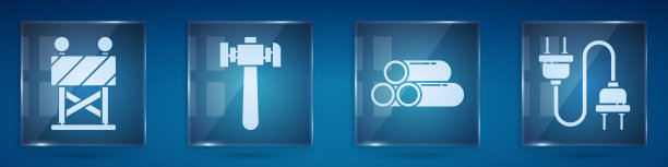 设有道路护栏、铁锤、工业金属管、电插头。方形玻璃面板。向量图片下载