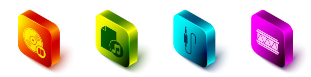 2.5D黑胶唱片、乐谱、音频插孔和鼓图标矢量集图片下载