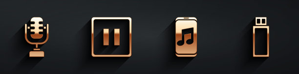 设置麦克风，暂停按钮，音乐播放器和USB闪存长阴影图标。向量图片下载