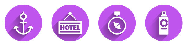 设置锚，标志与文本酒店，指南针和防晒喷雾瓶图标与长阴影。向量图片下载