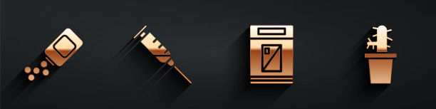 设置药瓶和药丸，注射器，香烟包装盒和仙人掌仙人掌在花盆图标与长影子。向量图片下载