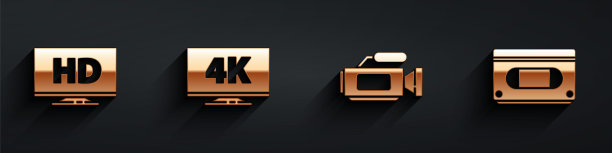 设置智能显示与高清视频，屏幕电视与4k，影院摄像头和VHS录像带磁带图标与长阴影。向量图片下载