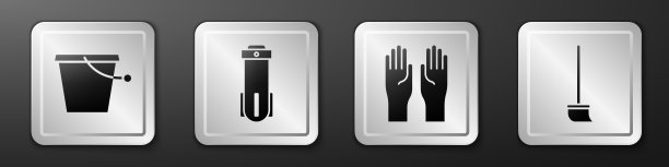 设置水桶，水过滤器，橡胶手套和拖把图标。银广场按钮。向量图片下载