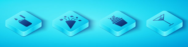 设置等距打火机，节日彩纸，马提尼玻璃和蛋糕图标。向量图片下载