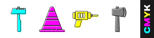 Set Hammer, Traffic cone, Electric drill machine and Wooden axe icon。向量图片下载