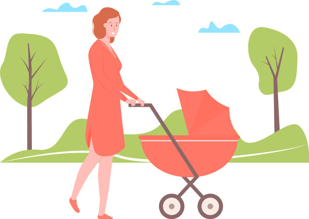 年轻的妈妈推着婴儿车在公园里散步图片下载