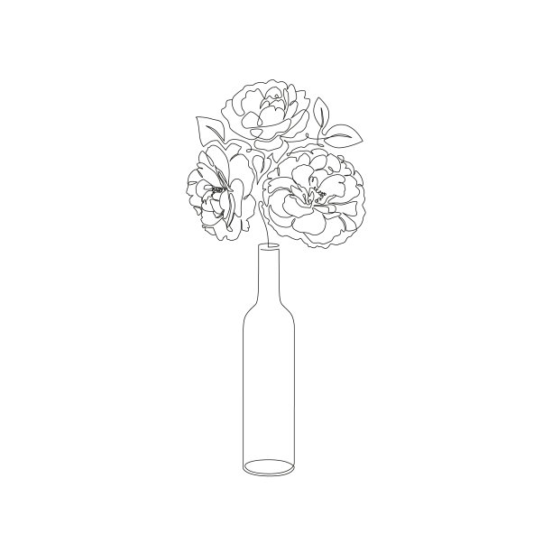 极简风格的纹身艺术。一行瓶子和一束鲜花。线条艺术矢量插图打印，横幅，卡片和更多图片下载