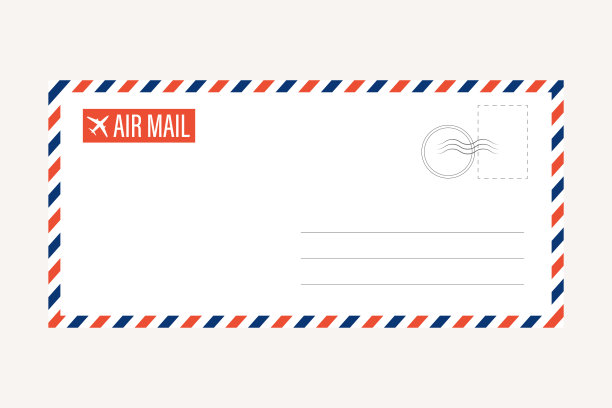航空邮件矢量信。贴邮票。航空邮件明信片。蓝红条纹图案。模型模板信封。在白色背景上。复古复古的空白信息。世界国际标签图片下载
