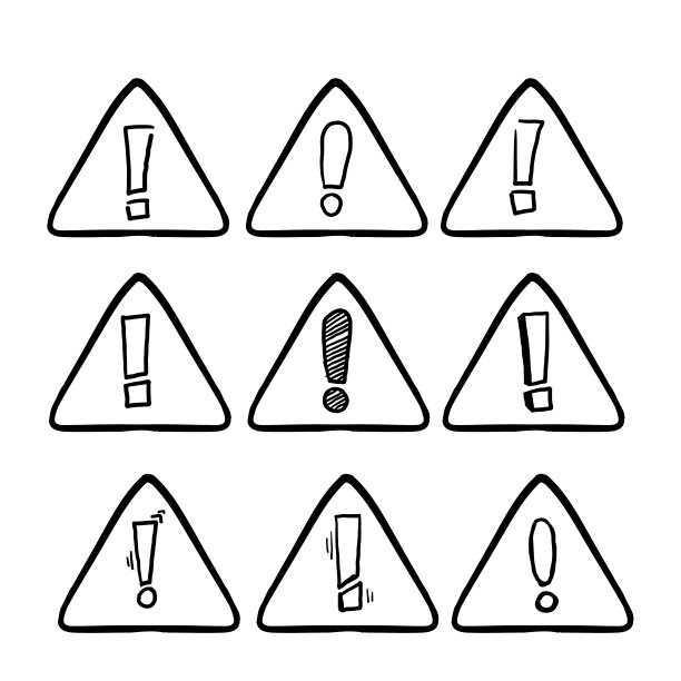 危险标志、警告标志、注意标志，手绘涂鸦风格的危险警告、注意图标矢量图图片下载
