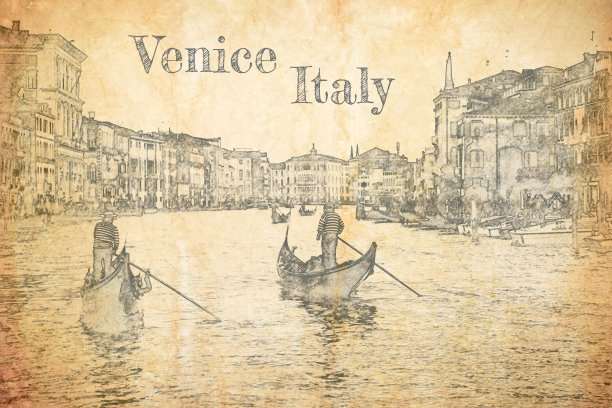 威尼斯大运河上的船夫，旧纸上的素描图片下载