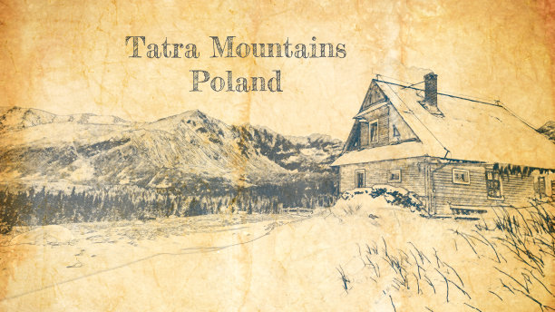 波兰塔特拉山的农舍和冬天的素描图片下载