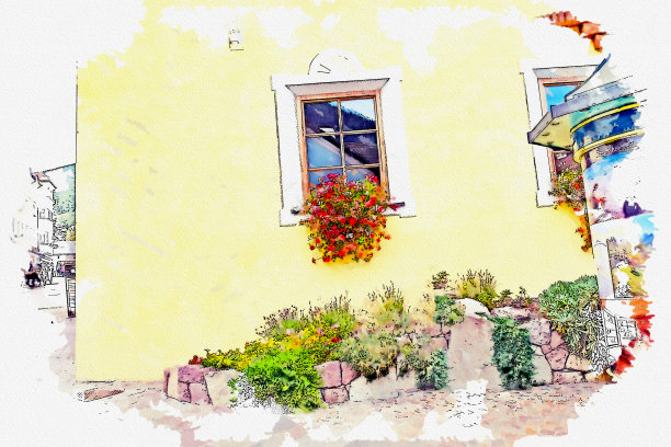 意大利南蒂罗尔著名小镇乌尔蒂杰的水彩画。图片下载