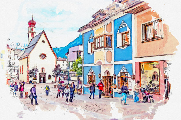 意大利南蒂罗尔著名小镇乌尔蒂杰的水彩画。图片下载