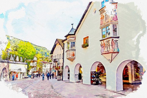 意大利南蒂罗尔著名小镇乌尔蒂杰的水彩画。图片下载