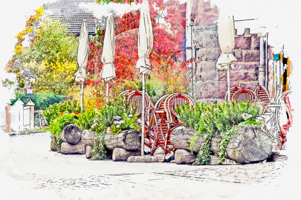 意大利南蒂罗尔著名小镇乌尔蒂杰的水彩画。图片下载