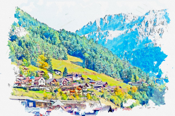 意大利南蒂罗尔著名小镇乌尔蒂杰的水彩画。图片下载