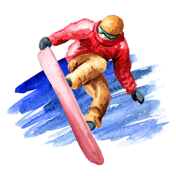 年轻的滑雪板跳跃与滑雪板，冬季娱乐和度假的概念。手绘水彩插图孤立的白色背景图片下载