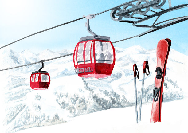 索道、索道在滑雪胜地，冬季休闲度假的概念。手绘水彩插图图片下载