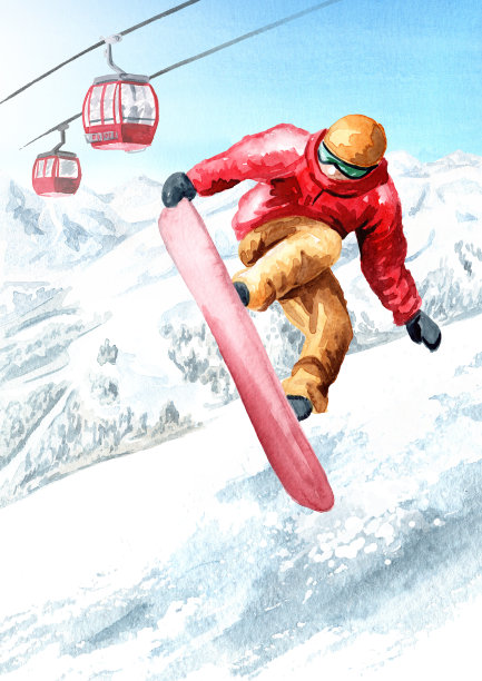 年轻的滑雪板跳跃与滑雪板从雪山对索道，索道在滑雪山度假村，冬季娱乐和度假的概念。手绘水彩插图图片下载