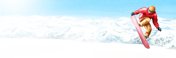 年轻的滑雪板跳跃与滑雪板从雪山滑雪场，冬季娱乐和度假的概念。手绘水彩插图和全景背景与复制空间图片下载