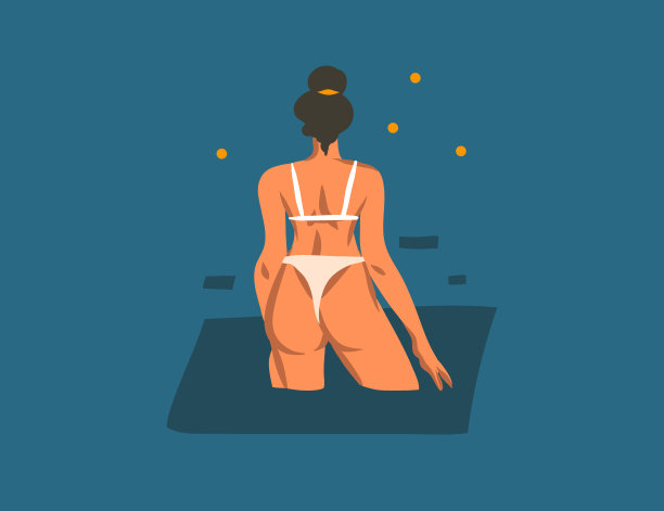 手绘矢量抽象股票平面图形插图与年轻快乐的美女站在夜晚的水与星星反射孤立的蓝色背景图片下载