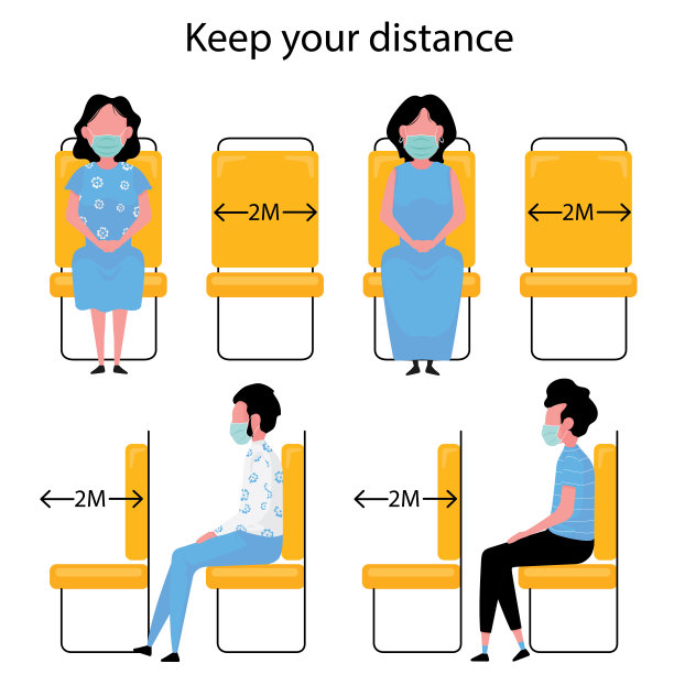 这是一张在公交车或火车上通勤时的社交距离图，一名女子和一名男子坐在一张黄色的椅子上，保持两米的距离图片下载