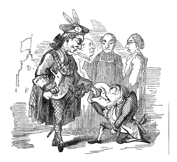 英国讽刺漫画漫画插图-一个人非常大的鼻子跪在一个皇室的人的前面图片下载